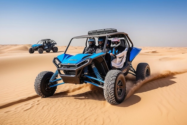 dos jeeps azules están conduciendo a través de la arena del desierto