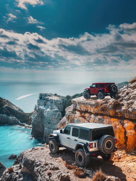 Foto dos jeeps están en un acantilado con el océano en el fondo