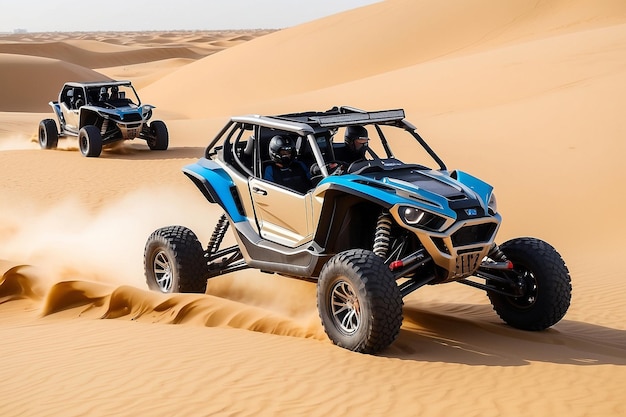 Foto dos jeeps están conduciendo a través de la arena del desierto
