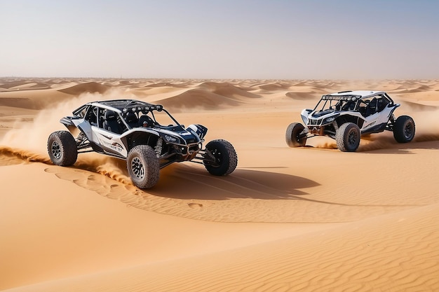 Foto dos jeeps están en las dunas de arena.