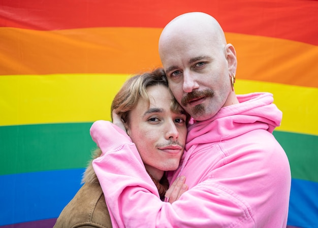 Dos jóvenes activistas de la bandera del arco iris del movimiento Lgbt en el fondo