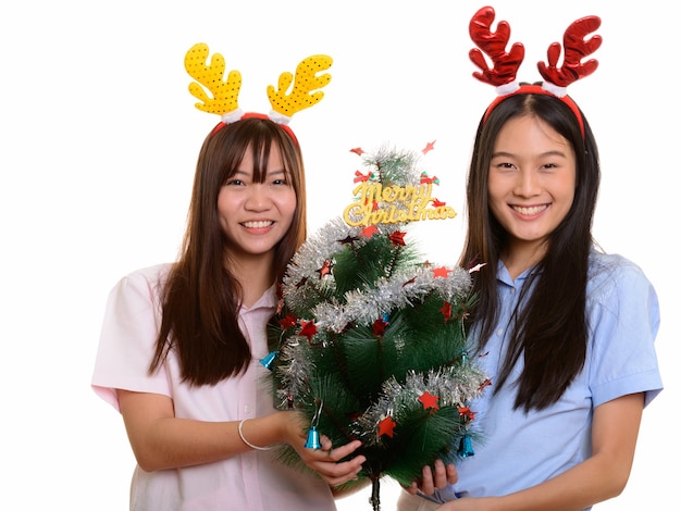 Dos jóvenes adolescentes asiáticas felices sonriendo sosteniendo el árbol de Navidad feliz