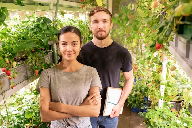 Dos jóvenes agricultores o jardineros contemporáneos en ropa de trabajo de pie delante de la cámara durante el trabajo en invernadero