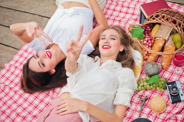 Dos jóvenes alegres hacen un picnic al aire libre en un día de verano.