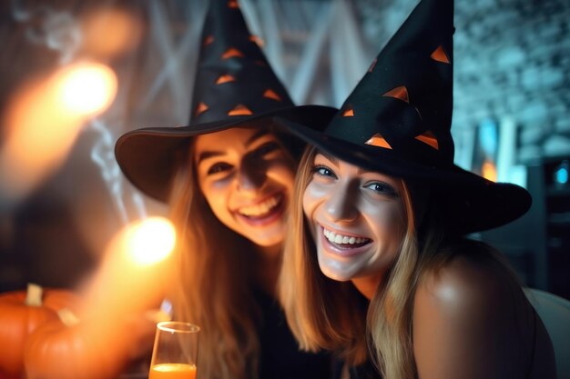 Foto dos jóvenes alegres con sombreros de bruja sonriendo y posando juntas en una fiesta de halloween