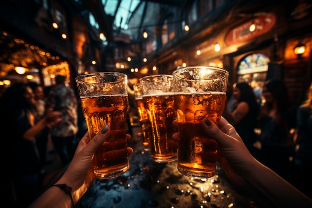 Dos jóvenes amigos bebiendo cerveza en un bar o pub