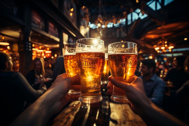 Dos jóvenes amigos bebiendo cerveza en un bar o pub