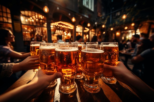 Dos jóvenes amigos bebiendo cerveza en un bar o pub