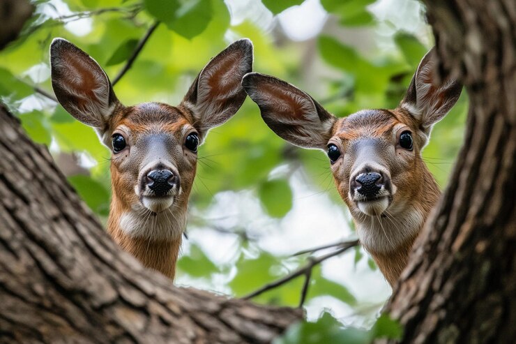 Dos jóvenes ciervos curiosos mirando desde los alrededores del bosque de hojas AI generativa