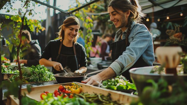 Foto dos jóvenes cocineros están ocupados preparando una deliciosa comida en una cocina comercial. ambos están sonriendo y parecen estar disfrutando de su trabajo.