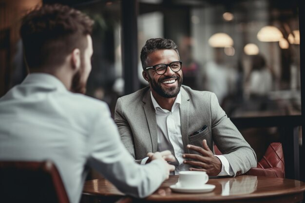 Dos jóvenes empresarios discutiendo algo en el café