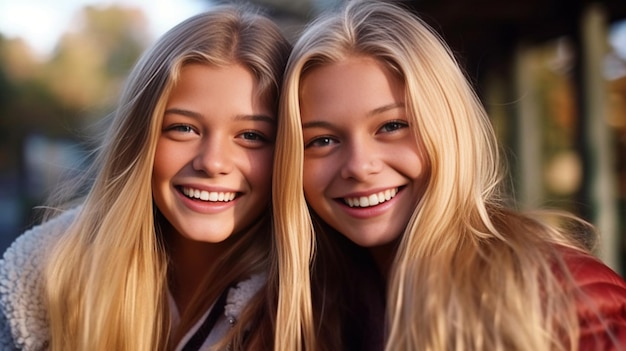 Dos jóvenes hermanas rubias con cabello largo en ropa de invierno roja y blanca posando la IA generativa