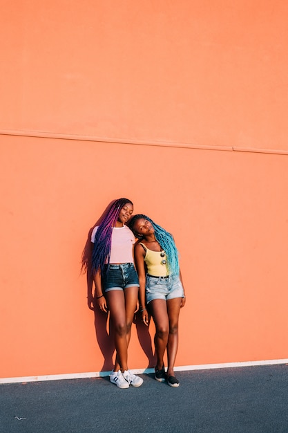 Dos jóvenes hermosas mujeres negras al aire libre disfrutando del sol