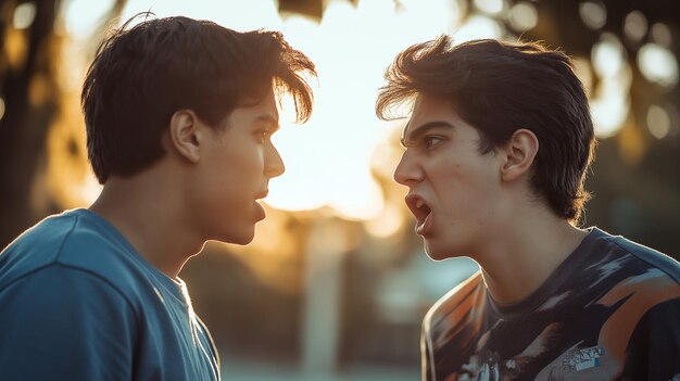 Dos jóvenes, uno hispano y otro caucásico, envueltos en una fuerte discusión