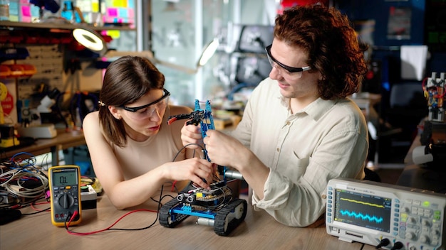 Dos jóvenes ingenieros felices arreglando un automóvil robot mecánico en el taller usando realidad virtual VR