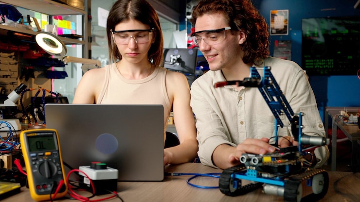 Foto dos jóvenes ingenieros felices arreglando un automóvil robot mecánico en el taller usando realidad virtual vr