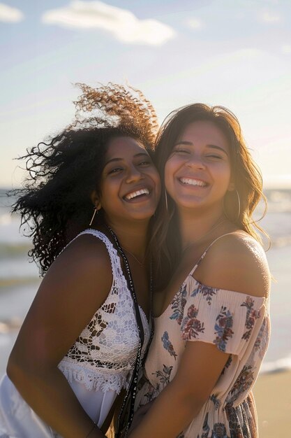 Dos jóvenes latinoamericanas hispanas mujeres riendo en la playa con ropa casual de verano