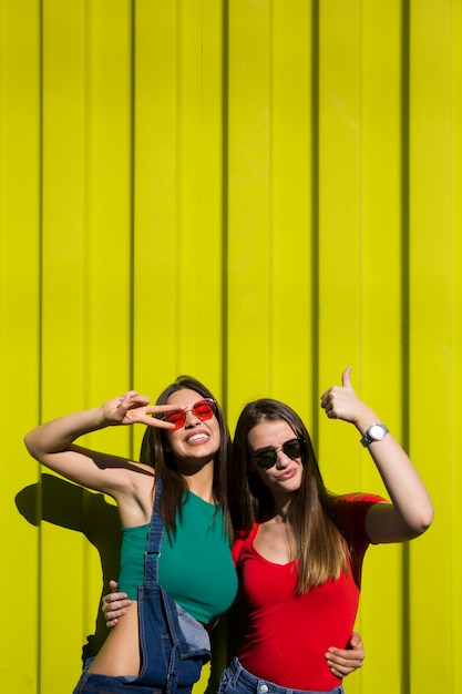 Dos jóvenes mejores amigas de pie junto a la pared amarilla