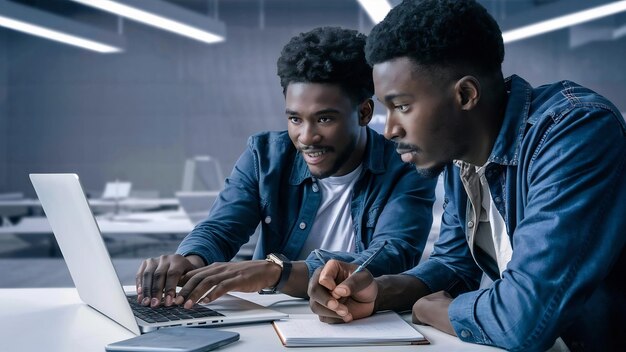 Dos jóvenes negros trabajando juntos y usando la computadora portátil