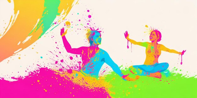 Foto dos jóvenes en pose de yoga con salpicaduras de pintura de colores en el fondo