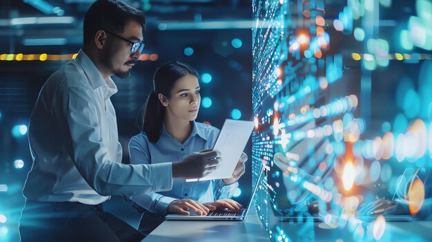 Dos jóvenes profesionales trabajando hasta tarde en la oficina están mirando una pantalla digital con una gran cantidad de datos e información