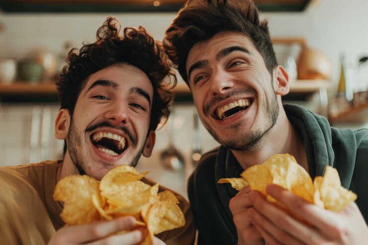 Dos jóvenes riendo y sosteniendo papas fritas de tortilla disfrutando de un momento alegre juntos en el interior