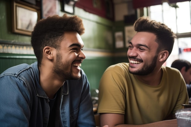 Dos jóvenes sonrientes charlando en su café local creado con ai generativo