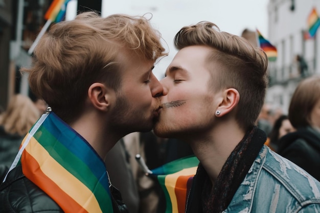 Dos jóvenes en sus dádivas y besos en los labios con la bandera LGTBI de fondo