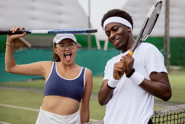 Dos jóvenes tenistas posan para una foto de una chica de apariencia asiática con un top azul oscuro que pone una raqueta azul