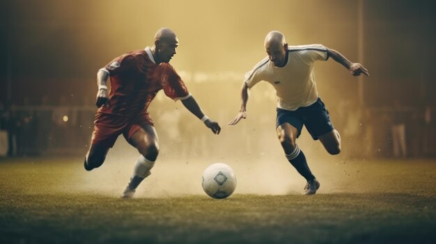 Dos jugadores de fútbol en acción Dos jugadores de futbol en acción en el fondo oscuro de la arena