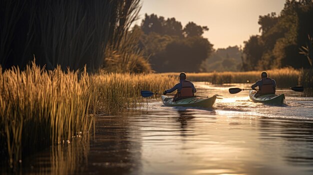 Dos kayakistas remando a través de un tranquilo pantano