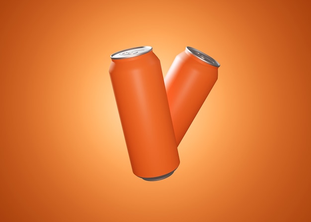 Dos latas de aluminio naranja suspendidas en el aire ilustración 3d para publicitar refrescos y otras bebidas