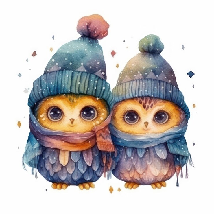 Dos lechuzas en sombreros con bufanda y mitones. ilustración de acuarela dos lechuzas en sombreros con bufanda y mitones. ilustración de acuarela ilustración de stock dibujado a mano