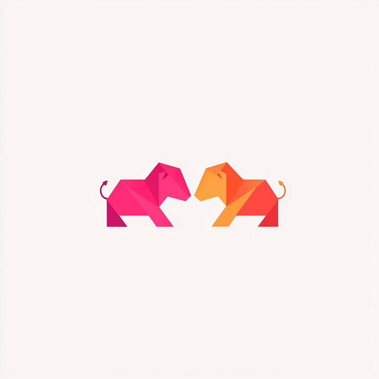 Foto dos leones geométricos mirándose el uno al otro en colores rosa y naranja sobre un fondo blanco