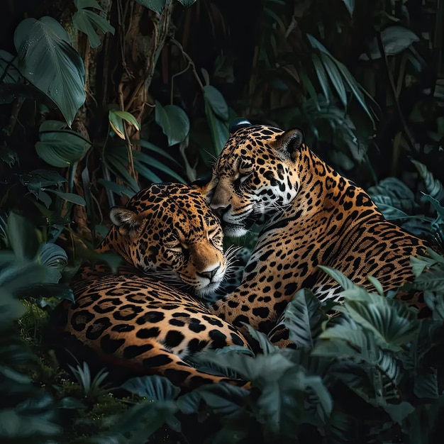 Dos leopardos en el medio de una jungla.