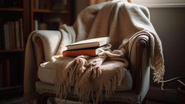 Dos libros en una silla con una manta encima.