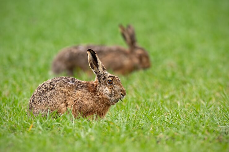Foto dos liebres marrones europeas lepus europaeus en verano con fondo verde borroso