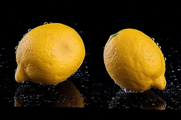 Dos limones están sentados sobre una mesa negra con gotas de agua sobre ellos.