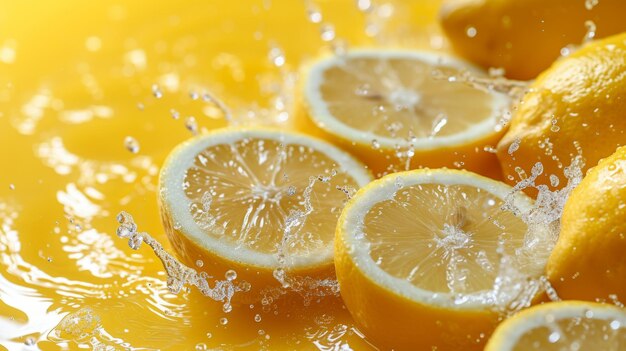 Foto dos limones en una salpicadura de agua sobre un fondo amarillo