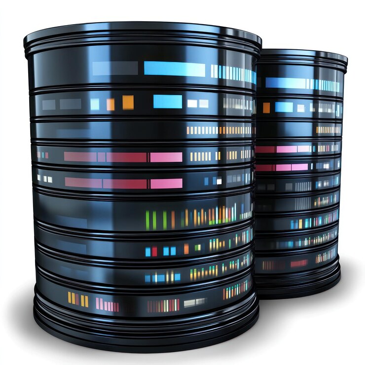 Foto dos limpios servidores de datos negros con luces de colores que ilustran el almacenamiento y procesamiento de datos