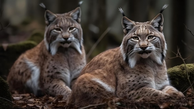 Dos linces en un bosque con un fondo oscuro