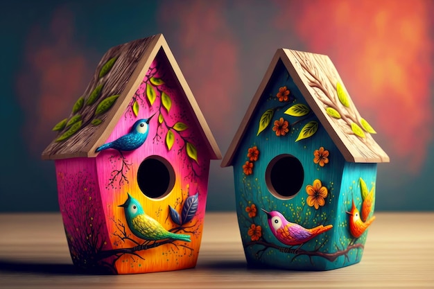 Dos lindas casitas para pájaros de madera pintadas en colores