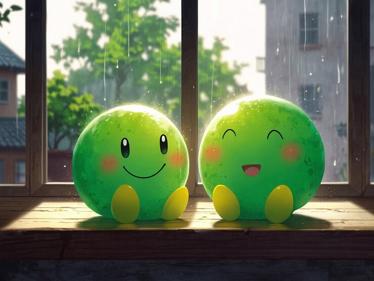 Dos lindas criaturas verdes disfrutando de un día lluvioso junto a la ventana