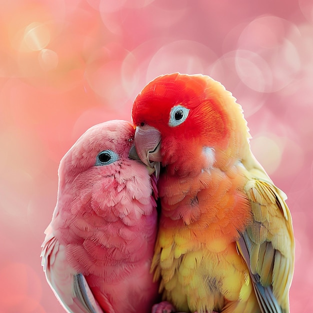 Dos lindos y coloridos pájaros enamorados en el abrazo fondo rosa primer plano colores brillantes alta resolución