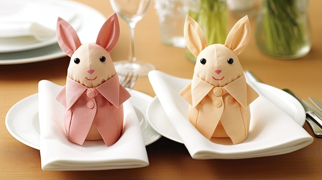 Dos lindos conejitos de servilleta están sentados en un plato Los conejitos están hechos de servilletas plegadas y tienen camisas rosadas y amarillas con botones