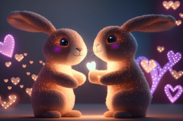 Dos lindos conejos en estilo de dibujos animados tienen un corazón en sus manos feliz día de san valentín la liebre sonríe ai generativo