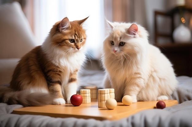 Dos lindos gatitos están jugando fotografía publicitaria profesional interactiva y divertida.