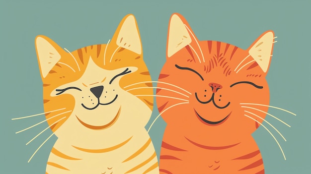 Dos lindos gatos de dibujos animados están sentados uno al lado del otro y sonriendo. Ambos son naranja y blancos y tienen grandes ojos y largos bigotes.