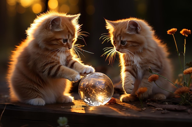 Dos lindos gatos de jengibre jugando con una bola de cristal en el jardín