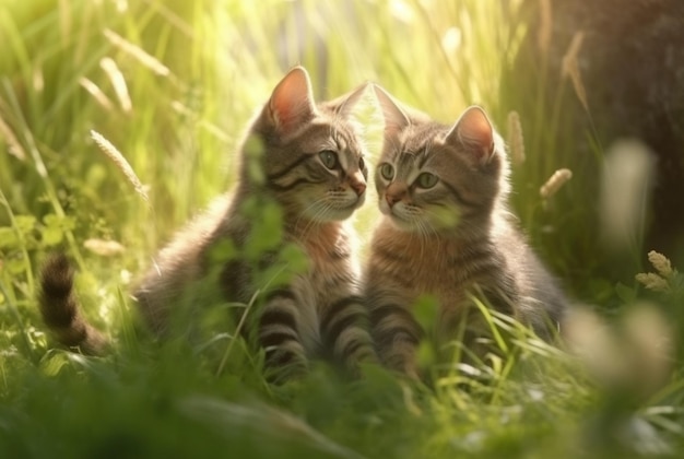 Dos lindos gatos sobre hierba verde con fondo borroso del sol de la mañana